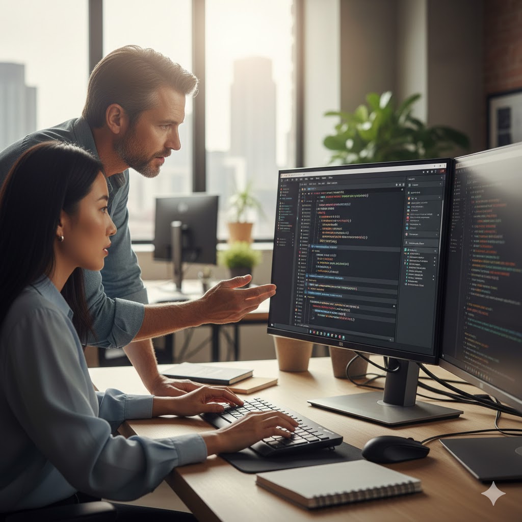 Software engineers writing code in a modern workspace